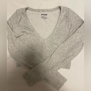 Garage Grey Ribbed V-Neck Cropped Long Sleeve Top - Size M
